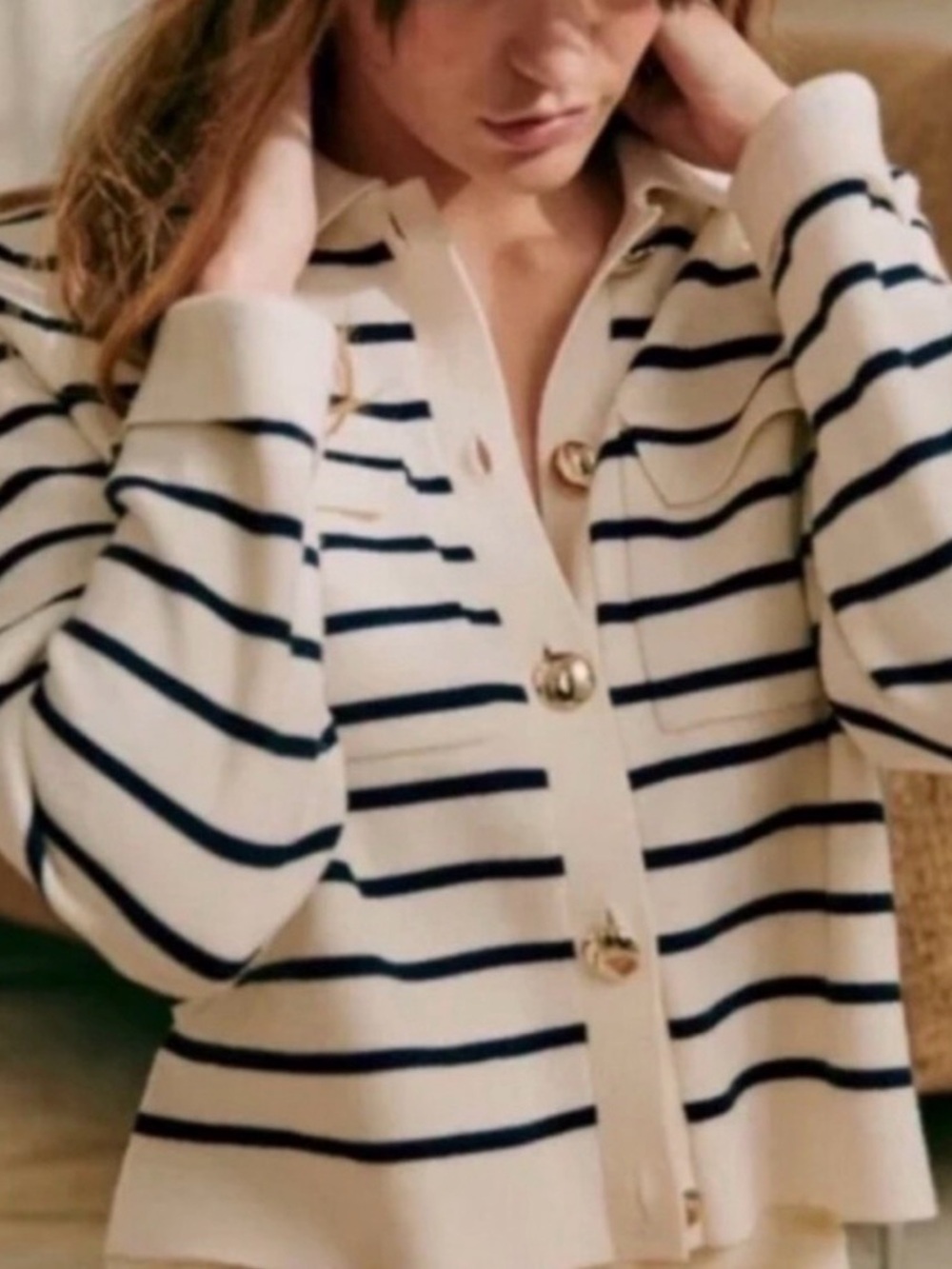Sezane Betty Cardigan (M) - Ecru & Navy with gold buttons